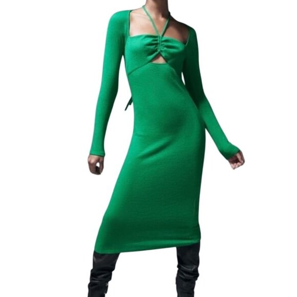 Zara Green LS Ribbed Cut-Out Stretch Midi Dress Size M Bodycon - Picture 1 of 13
